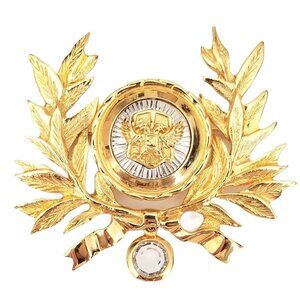 St John Gold, Silver Tone Laurel Leaf Shield Signature Glass Dangle Brooch